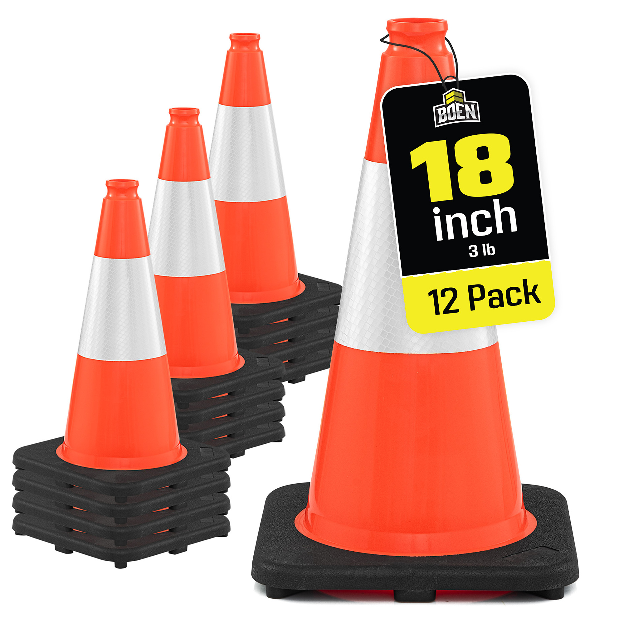 Boen 18 in, Orange Traffic Cone, 12-Pack, High-Visibility Safety Cones with Reflective Collar & Heavy-Duty Base for Parking, Events & Traffic Control